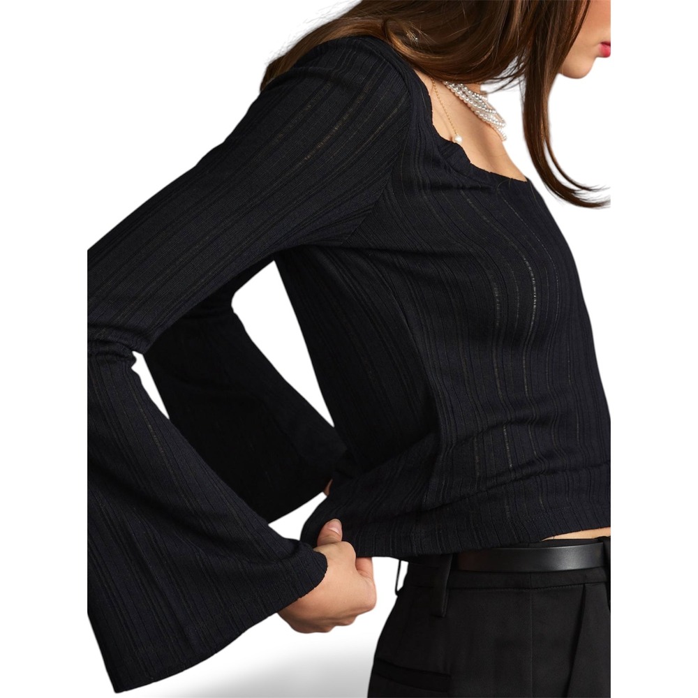 Anthropologie Black Ribbed Knit Scoop Neck Bell Sleeve Top Small